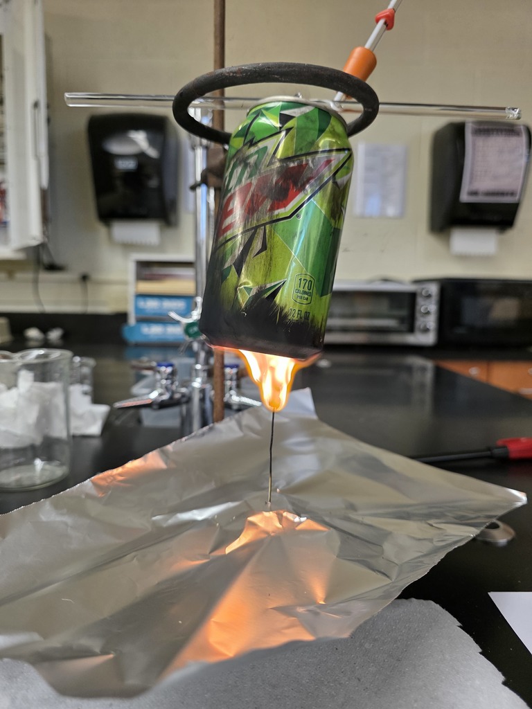 Mr. Roberts' Chemistry class burned Flaming Hot Cheetos to calculate the amount of energy (Calories) contained in them. Students measured the energy by using calorimeters (pop cans) and water.  They learned that not all Calories were used to heat up the can. They also learned that Cheetos make great fire starters! #celebrate379