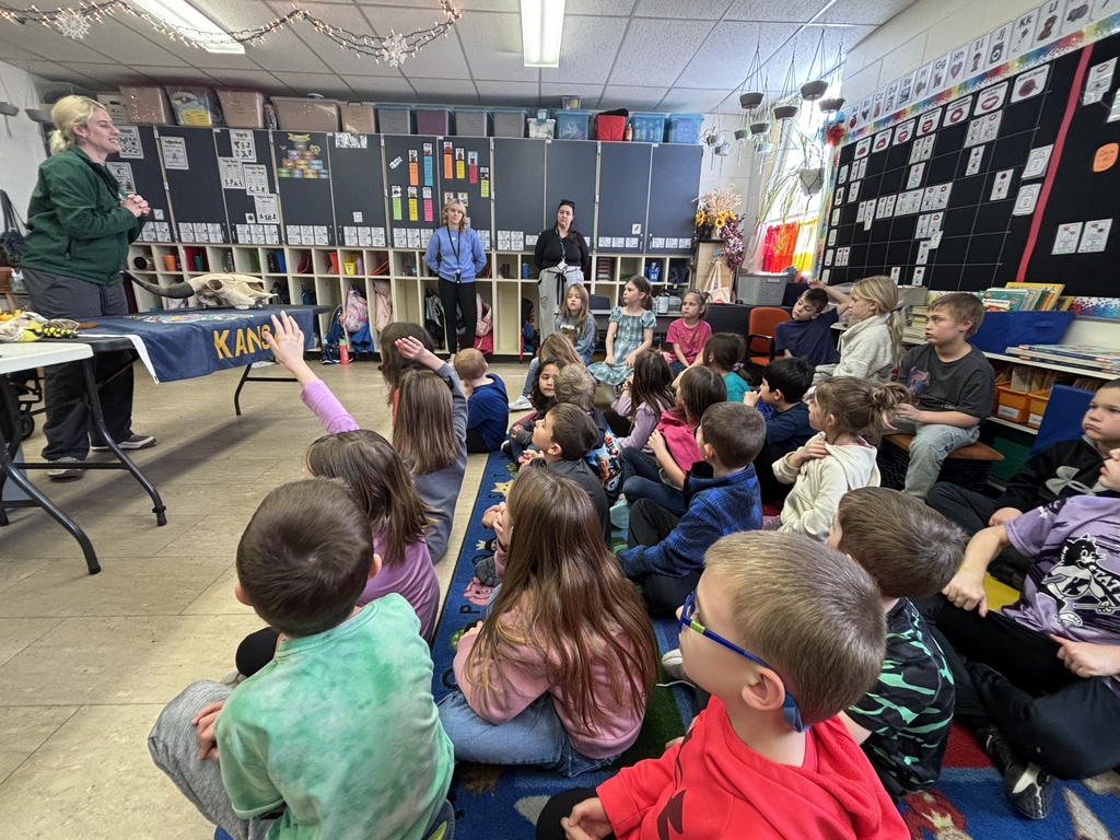 Today, first-grade students had a special guest from the Milford Nature Center who presented on Kansas symbols. The students loved seeing a live ornate box turtle and a barred tiger salamander! And in case you didn't know, Kansas Day is tomorrow! #celebrate379