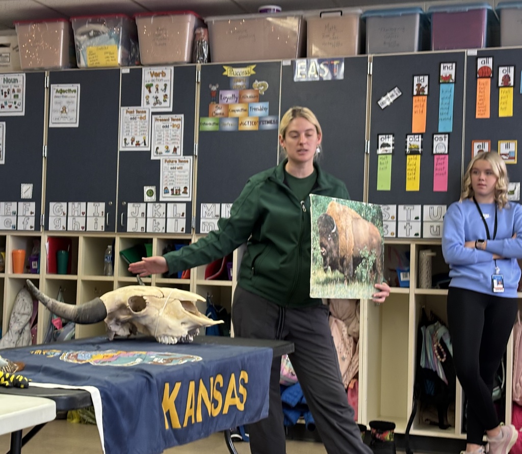 Today, first-grade students had a special guest from the Milford Nature Center who presented on Kansas symbols. The students loved seeing a live ornate box turtle and a barred tiger salamander! And in case you didn't know, Kansas Day is tomorrow! #celebrate379