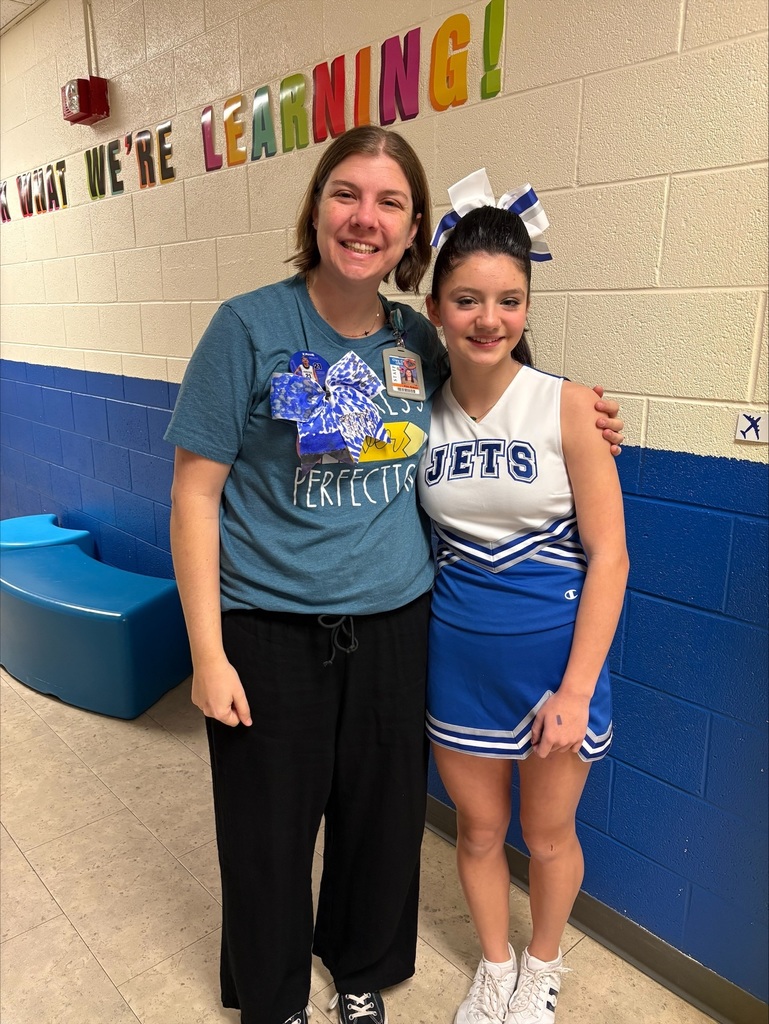 The junior high cheerleaders "threw it back" yesterday with previous uniforms worn by Jets alumni and a huge hair bump! The 8th graders also presented a teacher who had a positive impact on their education with a personalized cheer bow. #celebrate379