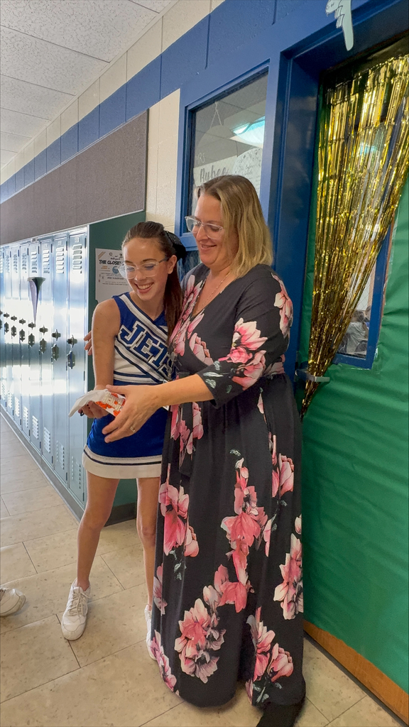 The junior high cheerleaders "threw it back" yesterday with previous uniforms worn by Jets alumni and a huge hair bump! The 8th graders also presented a teacher who had a positive impact on their education with a personalized cheer bow. #celebrate379