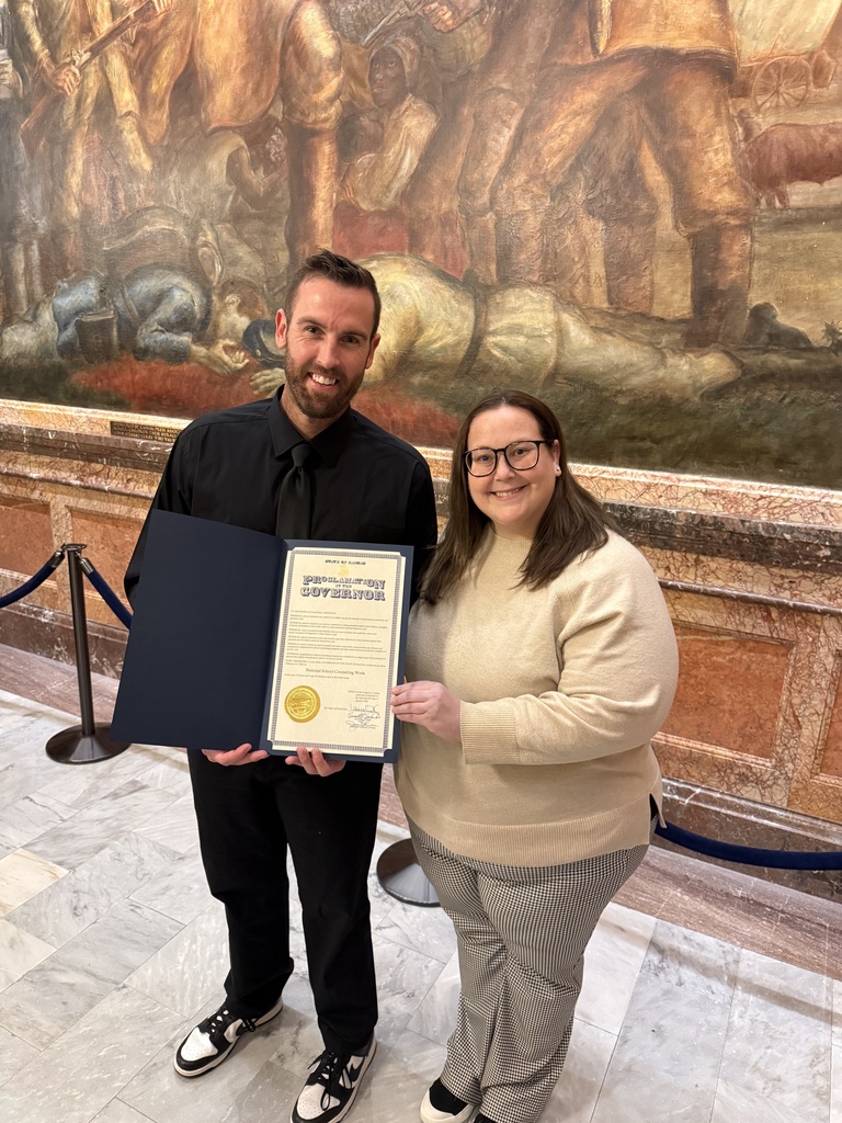 USD 379 counselors Nick Brummet & DeAnna Coughlin traveled to Topeka yesterday to attend the Governor’s signing of the proclamation for National School Counseling Week. They also ran into USD 379 alumni who were there for the signing for youth mental health. #celebrate379