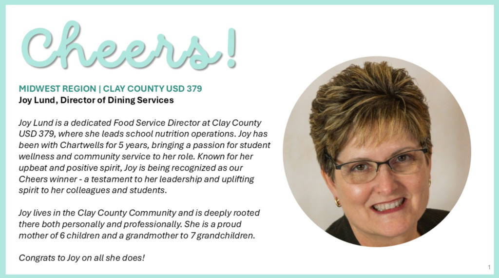 Our very own Joy Lund was highlighted nationally by Chartwells last week. They said what we already knew... she is a great worker and person! #celebrate379