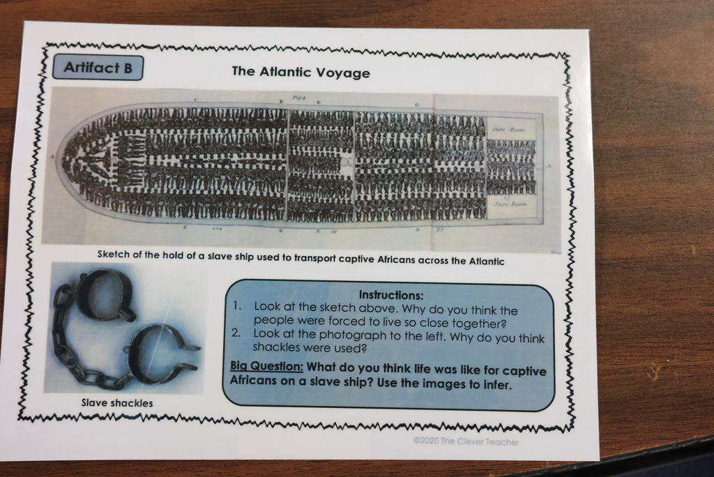 Mrs. Chestnut teaches social studies in 5th grade. Today, her classes were learning about the Atlantic Slave Trade. This included looking at artifacts from that time and having discussions about some guided questions. #celebrate379