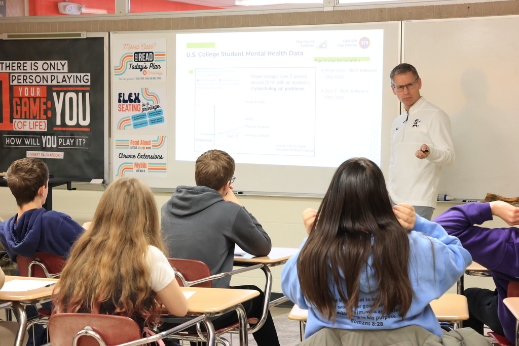 Yesterday, Mrs. Craig welcomed three speakers to her freshman health classes: - USD 379 Communications Coordinator Matt Weller showed Kansas Communities That Care local and state data and shared a theory from author Jonathan Haidt that youth mental health issues in the last 15 years are the result of cell phone and social media usage. - Freshman Kate Larson spoke about 379 bullying data and how her class can be the catalyst for a change. - Senior Braylee Langvardt spoke about Youth Leaders in Kansas (YLinK) and encouraged freshmen to join the leadership organization at CCCHS. #celebrate379