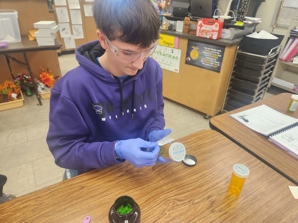 Mrs. Flegler's Animal Care (Vet Science) class has been learning about the importance of prescriptions for animal use. They first deciphered prescriptions, then applied math concepts to determine how many tablets should be in a prescription, and then filled the prescription label and bottle to the specifications. The next day, students practiced administering medicines to their clients via oral, aural, and ophthalmic routes. #celebrate379