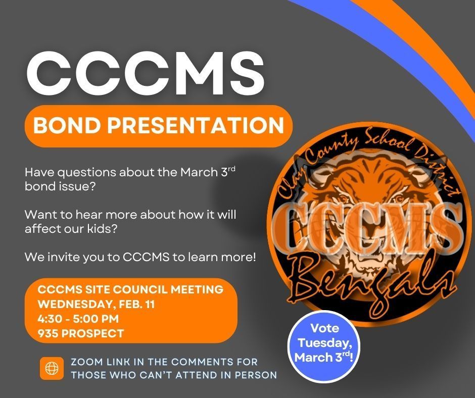 We invite parents and community members to hear about the March 3rd tax-neutral bond vote tomorrow at CCCMS! #celebrate379
