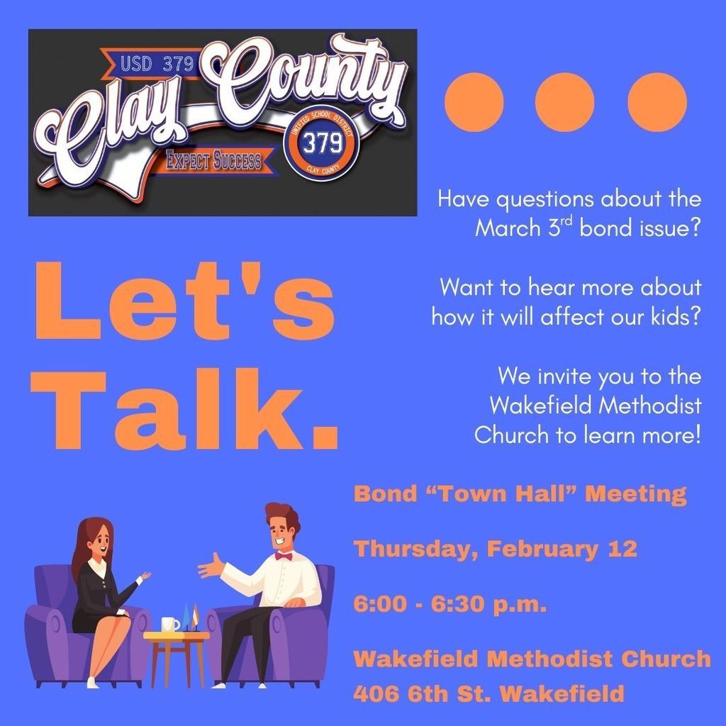 The Wakefield community is invited to hear from superintendent Brett Nelson about the upcoming tax-neutral bond issue vote that will take place March 3rd. Come out for coffee and conversation! #celebrate379