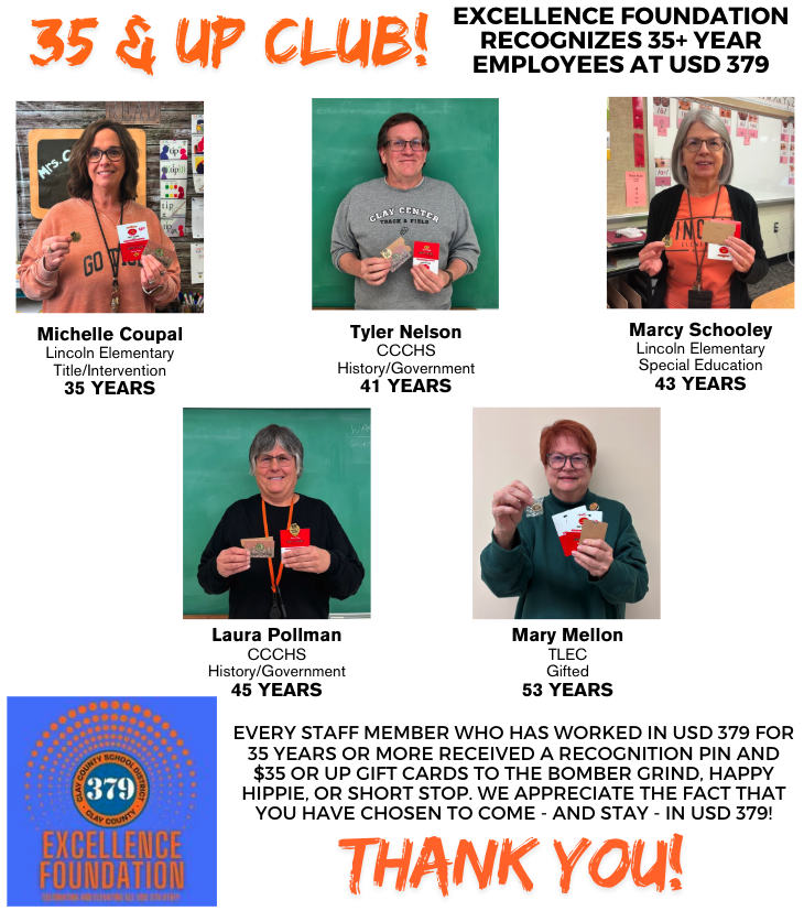 Throughout the year, the Excellence Foundation has been recognizing staff members who have completed 5-year increments of service in USD 379. This month, we wanted to recognize any staff member who has completed 35 years or more of work in 379. These five teachers have a combined 217 years of experience! Just think about the literally thousands of students they have impacted over those years! #celebrate379