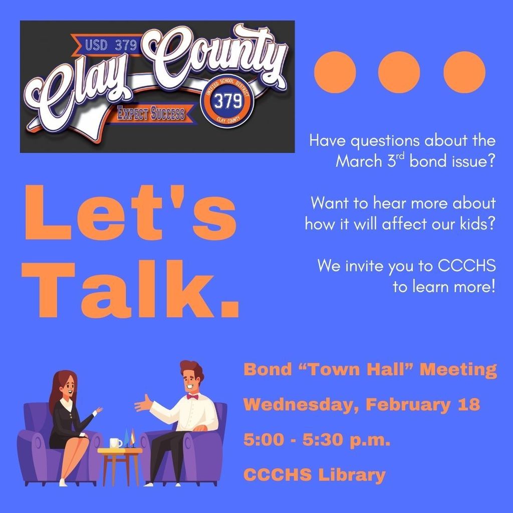 The Clay Center community is invited to hear from Superintendent Brett Nelson about the upcoming tax-neutral bond issue vote on March 3rd. If you are not able to attend in person, a Zoom link is in the comments. #celebrate379