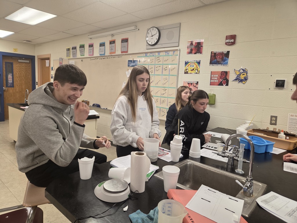 Mrs. Trembath's chemistry students conducted an experiment last week to test thermal energy transfer. This class follows the law of thermodynamics; no energy is wasted here! Their finding was that the amount of heat transferred depends on the object's mass and composition. #celebrate379
