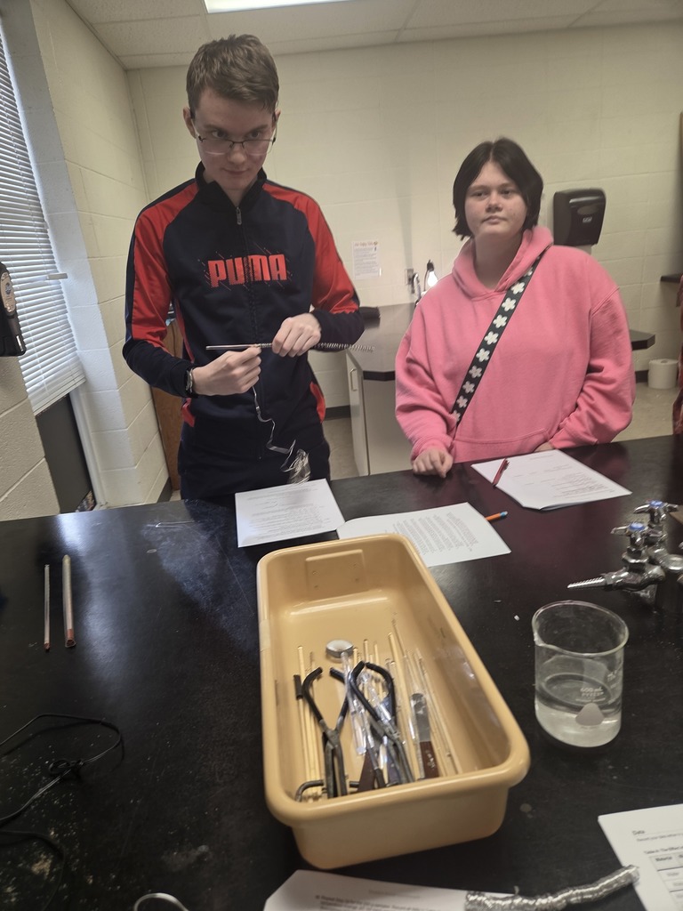 Mrs. Trembath's chemistry students conducted an experiment last week to test thermal energy transfer. This class follows the law of thermodynamics; no energy is wasted here! Their finding was that the amount of heat transferred depends on the object's mass and composition. #celebrate379