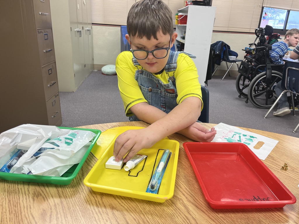Two Garfield students have been working very hard on life and job skills this school year. They are currently working with a local dentist, Dr. Ferguson, to build the dental bags that are given out at appointments. Chase starts the process by identifying and sorting the items (toothbrush, floss, and toothpaste) and putting them in bins. Morrison then uses the bins, along with a template, to build the set of items needed for each bag. The finished bags will be taken to the dental office for their staff to give to patients. Thank you to Dr. Ferguson's office for supplying the materials for the students to use. It is teaching them important work and life skills! #celebrate379