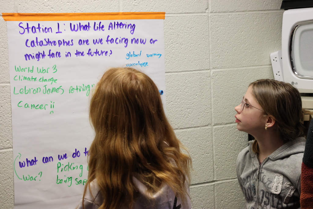 Mrs. Crabtree opened up her unit on the book "Life as We Knew It" with a Gallery Walk. Her 6th graders walked around in groups answering questions and agreeing or disagreeing with statements that will be coming up in the book as they read. #celebrate379