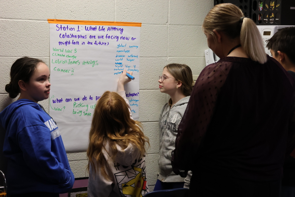 Mrs. Crabtree opened up her unit on the book "Life as We Knew It" with a Gallery Walk. Her 6th graders walked around in groups answering questions and agreeing or disagreeing with statements that will be coming up in the book as they read. #celebrate379