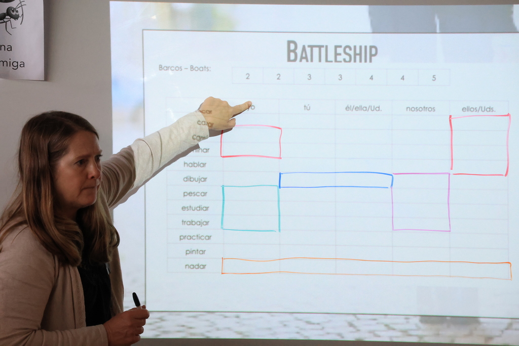 It's Battleship time in Mrs. Hughe's Spanish 1 class! Students set up a board based on the vocabulary they are learning. They will get to play the game tomorrow. #celebrate379