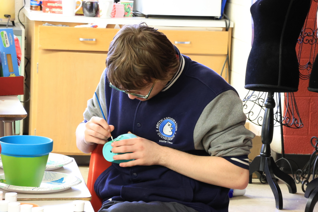Because Mrs. Blackburn splits her time between Wakefield and CCCHS, she has to combine classes to get everything in. Today, her CCCHS forensics students were painting pots for their  Farmer's Market fundraiser, and the drama students were narrowing down their next production. Lots going on in one classroom! #celebrate379
