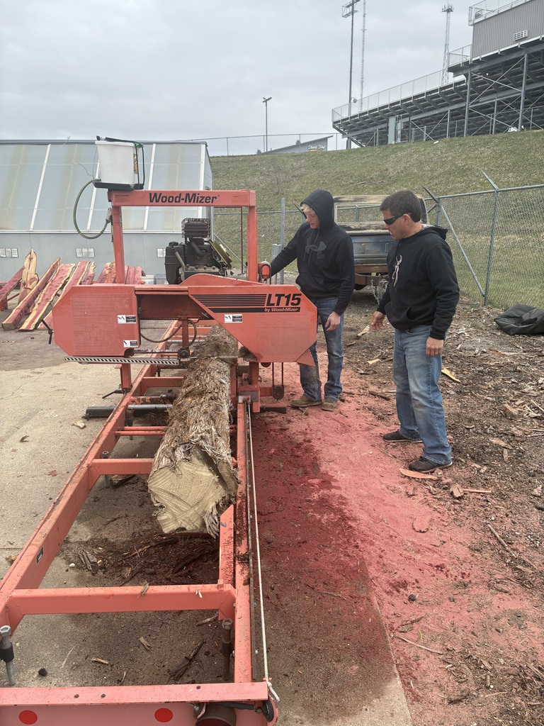 Mr. Pfizenmaier and Mrs. Schooley’s classes turned three logs into 28 boards yesterday! The boards, which are now drying in their kiln, will be used for future projects. #celebrate379
