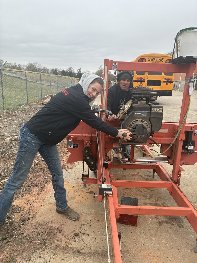 Mr. Pfizenmaier and Mrs. Schooley’s classes turned three logs into 28 boards yesterday! The boards, which are now drying in their kiln, will be used for future projects. #celebrate379