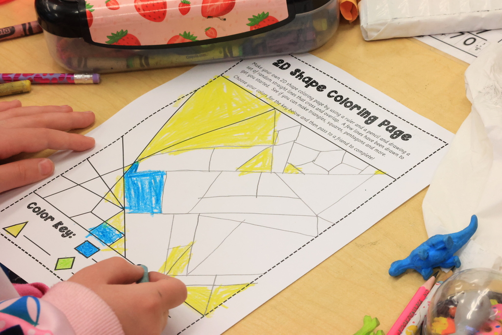 Mrs. Simon's second graders are already on their way to learning some geometry! Today, they drew lines to create different 2D shapes like triangles, squares, pentagons, and more. They then shared pages with each other to color in the shapes. #celebrate379