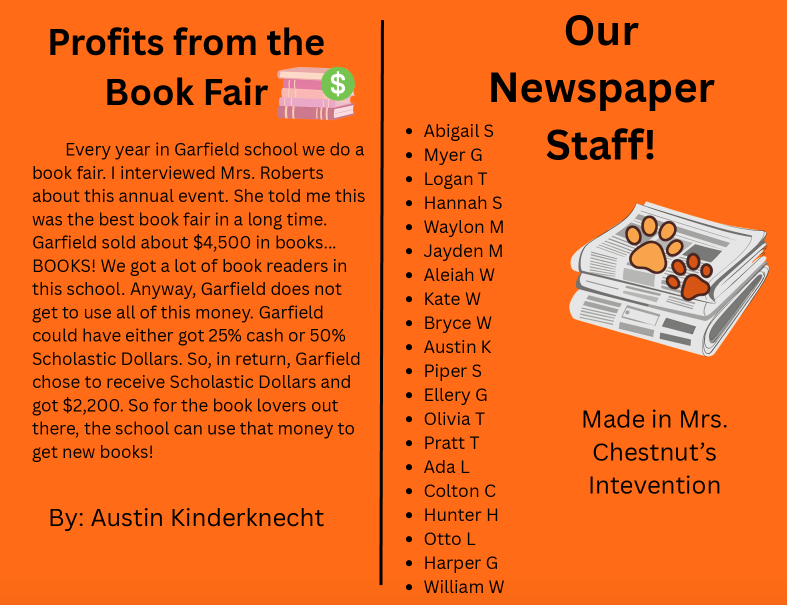 Bengal Innovators is a time for students to choose a topic of interest to them. There are many options, including Jr. Bengal News, run by Mrs. Chestnut. During this time, students create their own newspaper. Everyone has jobs, such as news writer, editor-in-chief, headline writer, design team, etc. Their first edition is out, and you can see it exclusively here! #celebrate379