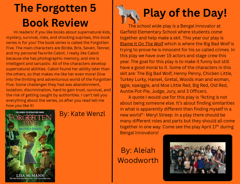 Bengal Innovators is a time for students to choose a topic of interest to them. There are many options, including Jr. Bengal News, run by Mrs. Chestnut. During this time, students create their own newspaper. Everyone has jobs, such as news writer, editor-in-chief, headline writer, design team, etc. Their first edition is out, and you can see it exclusively here! #celebrate379