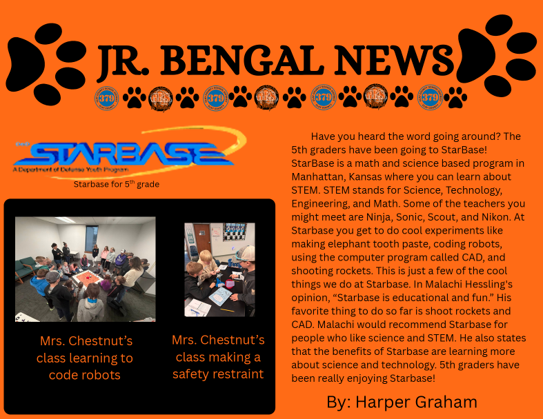 Bengal Innovators is a time for students to choose a topic of interest to them. There are many options, including Jr. Bengal News, run by Mrs. Chestnut. During this time, students create their own newspaper. Everyone has jobs, such as news writer, editor-in-chief, headline writer, design team, etc. Their first edition is out, and you can see it exclusively here! #celebrate379