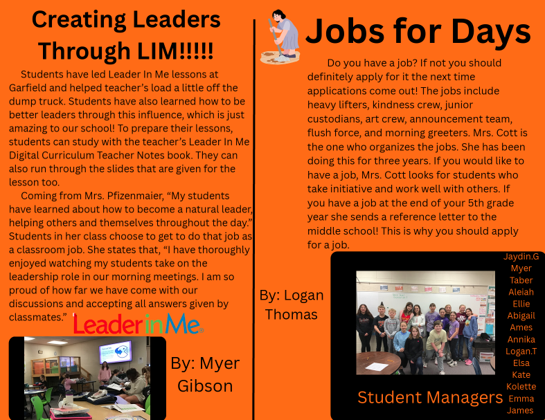 Bengal Innovators is a time for students to choose a topic of interest to them. There are many options, including Jr. Bengal News, run by Mrs. Chestnut. During this time, students create their own newspaper. Everyone has jobs, such as news writer, editor-in-chief, headline writer, design team, etc. Their first edition is out, and you can see it exclusively here! #celebrate379