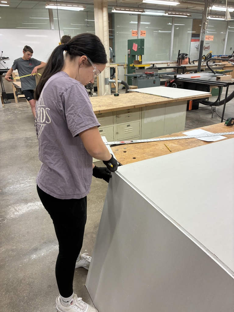 Mrs. Schooley's Industrial Arts students are installing drywall on their mini wall projects, so they took a trip up to the Tiger House to discuss the proper installation process. #celebrate379