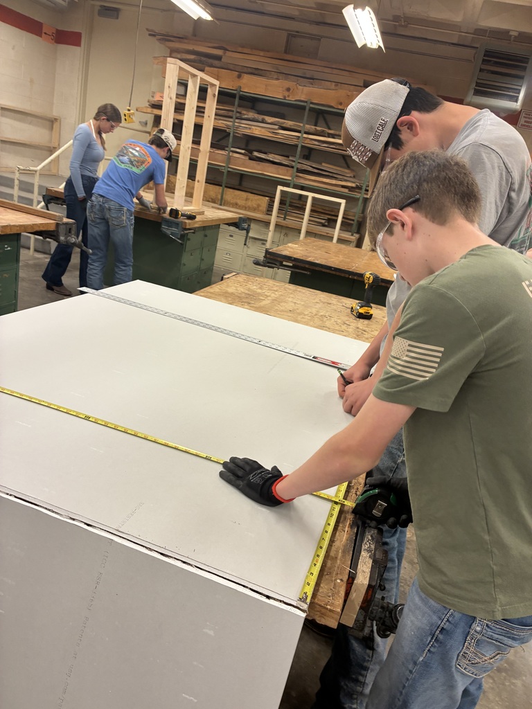 Mrs. Schooley's Industrial Arts students are installing drywall on their mini wall projects, so they took a trip up to the Tiger House to discuss the proper installation process. #celebrate379