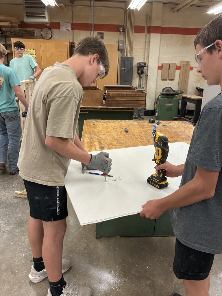 Mrs. Schooley's Industrial Arts students are installing drywall on their mini wall projects, so they took a trip up to the Tiger House to discuss the proper installation process. #celebrate379