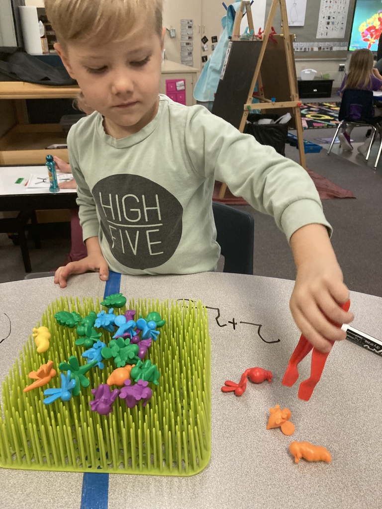 Mrs. Bruggeman's Pre-K students had a fun way to write and solve addition problems today! They did this by using their fine motor skills to pluck bugs from the garden and count them. Don’t tell Mrs. Lane, but they also wrote on the tables! #celebrate379