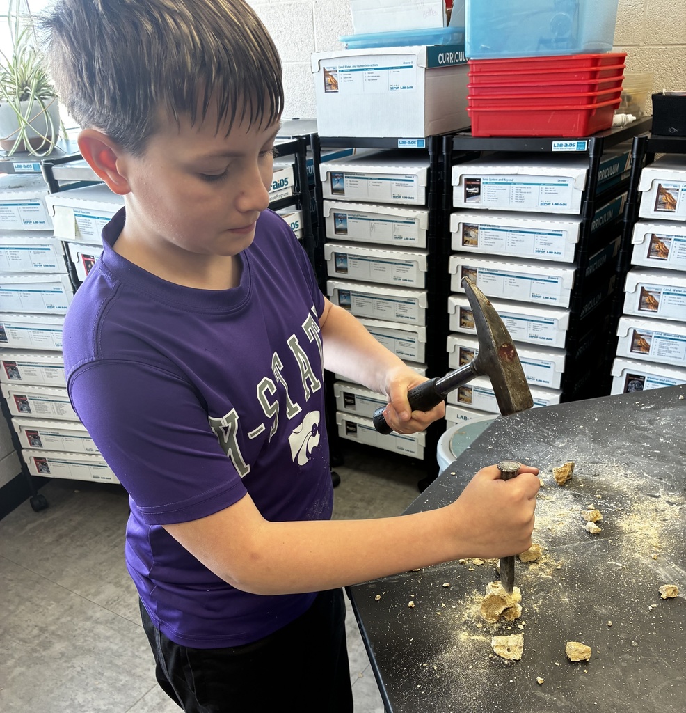 6th-grade students in Mr. Walsh's science enrichment class found some unique fossils this week! They found rocks from different areas around Clay County, and then started chiseling away and found brachiopods, fusulinids, and even quartz! They also mapped out where the samples came from. #celebrate379