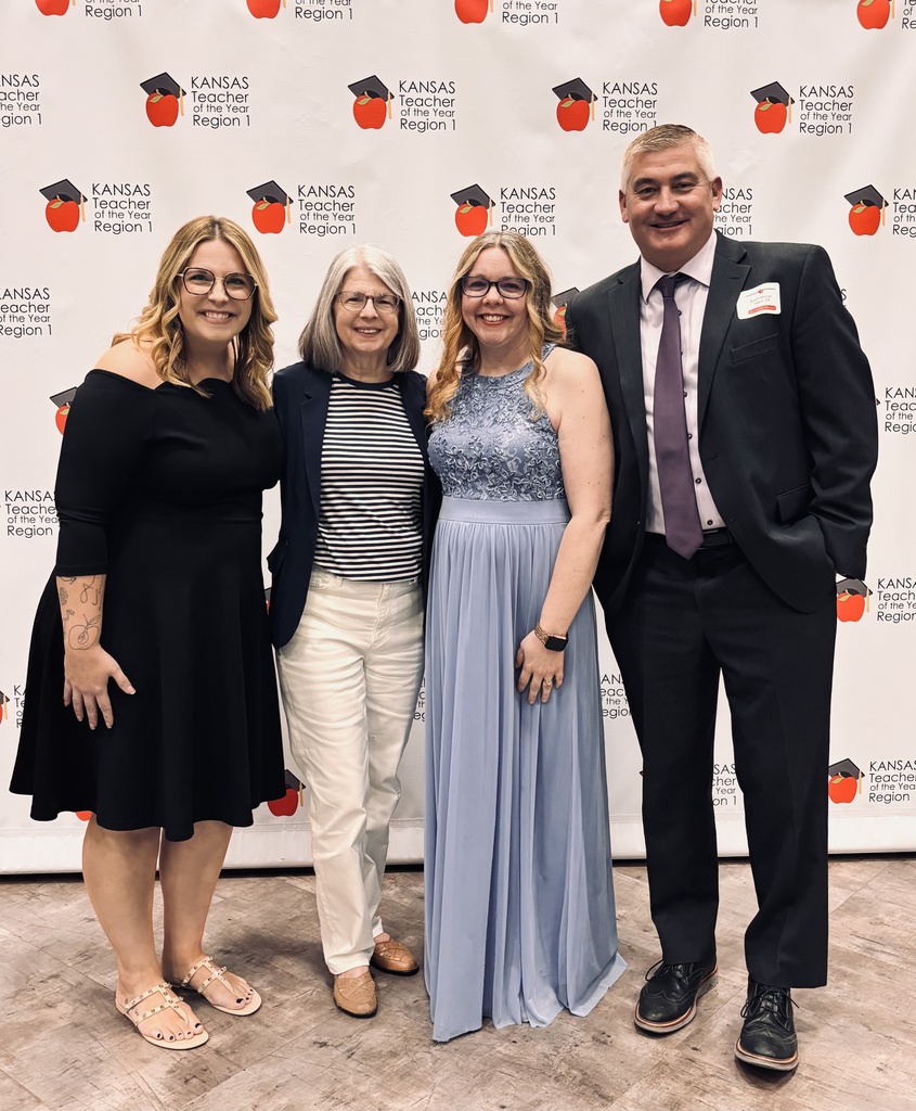 Lincoln Elementary principal Stefanie Lane, Lincoln Elementary special education teacher Marcy Schooley, Wakefield music teacher Kerri Butler, and USD 379 superintendent Brett Nelson take a photo at the Kansas Teacher of the Year Region 1 Banquet in Salina.