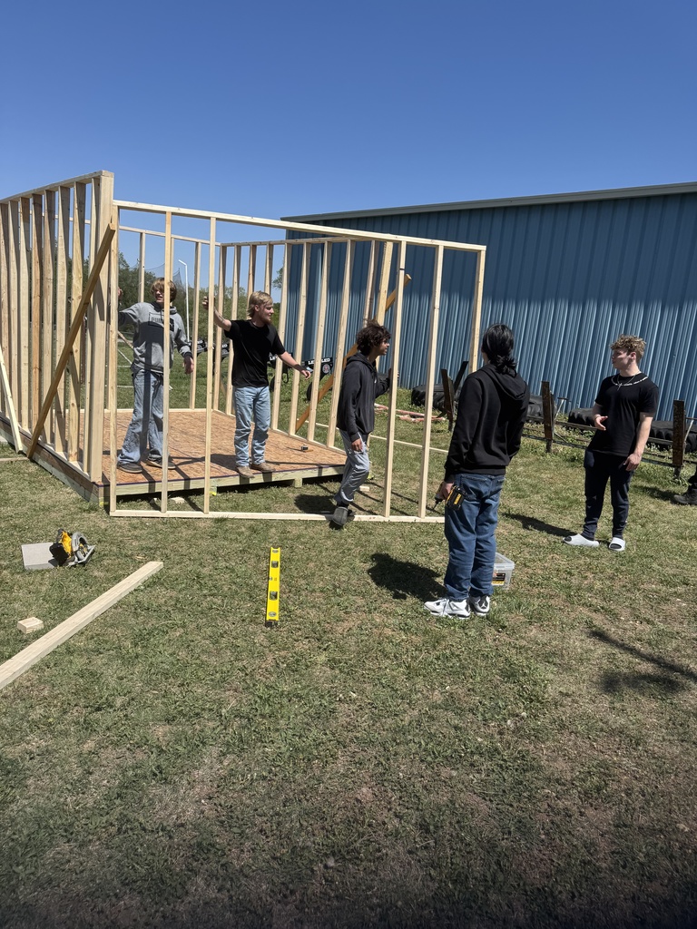 Mr. Couch's industrial arts students work to put up the walls of the 12'x12' shed they are building.