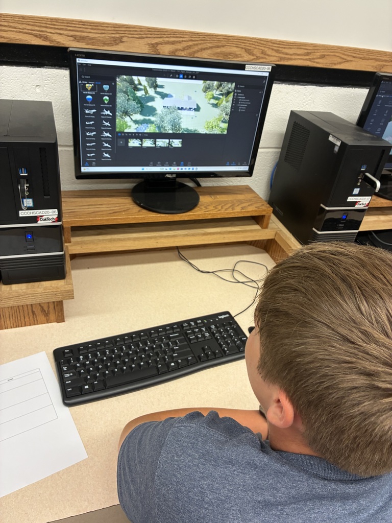 A student uses a new program called TwinMotion to help render their house designs. They can now create landscapes and select materials and colors to help personalize their designs..