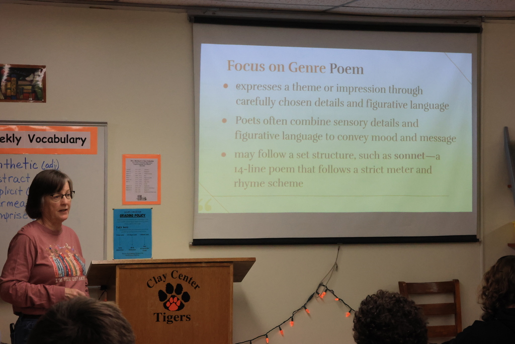 The week's focus is shown up on the board to Sophomore English students.