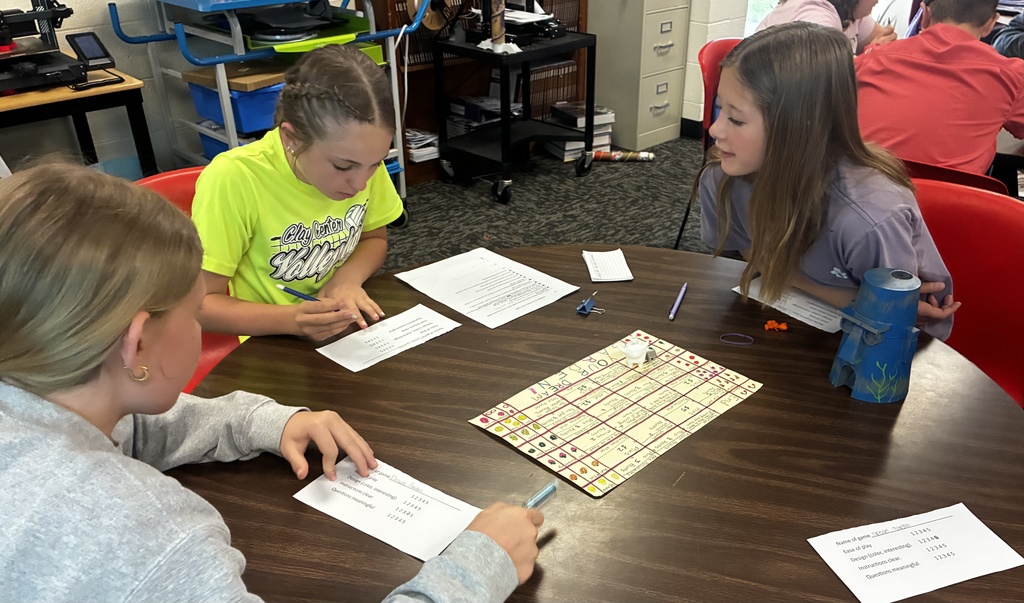 Students smile as they try out their review game that they created to prepare for end-of-year testing.
