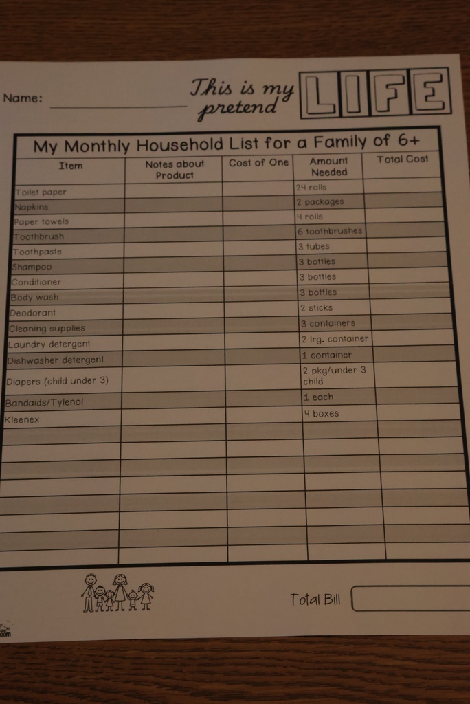 This is one sheet from the  "My Pretend Life" simulation that talks about monthly income vs. expenses.