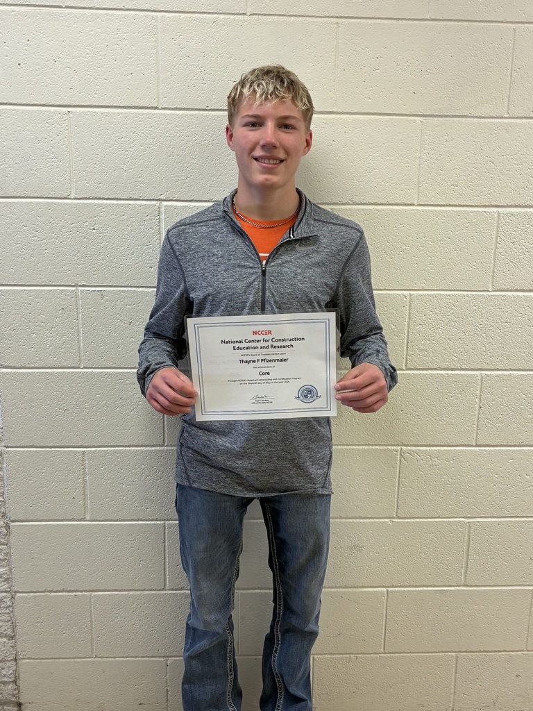 Pictured is Thayne Pfizenmaier, who completed the NCCER Core curriculum! He is CCCHS’s first student to earn this certification! This can benefit him in his CTE schooling or career path. Next year, he will work towards the General Carpentry certification. 