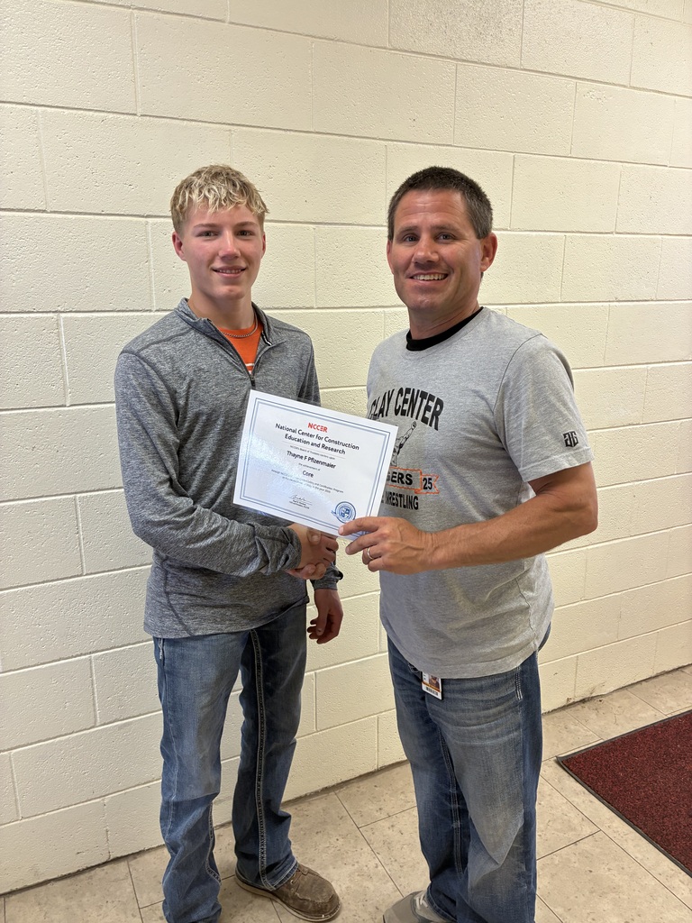 Pictured is Thayne Pfizenmaier, who completed the NCCER Core curriculum, and Mr. Pfizenmaier, his teacher and dad. Thayne is CCCHS’s first student to earn this certification! This can benefit him in his CTE schooling or career path. Next year, he will work towards the General Carpentry certification. 