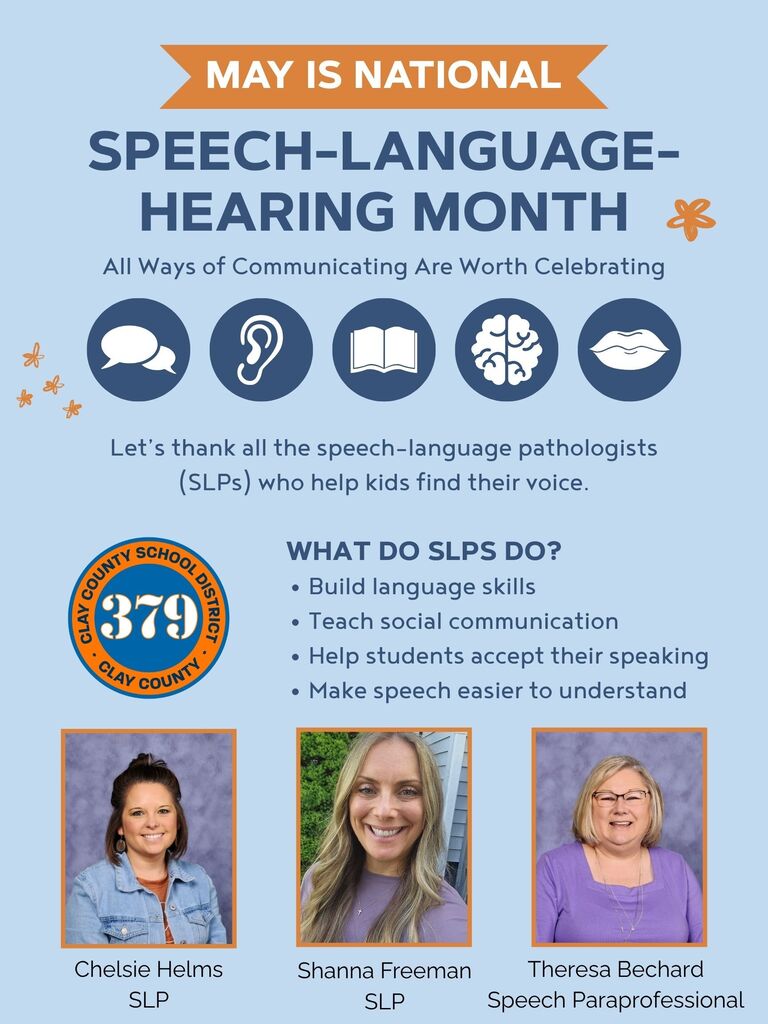 This is an infographic in recognition of the speech and language therapists in USD 379. They include Chelsie Helms, Shanna Freeman, and Theresa Bechard. May is National Speech-Language Hearing Month. We thank our pathologists who help kids find their voice!