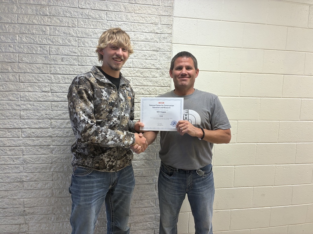 Construction Technology students Will Koppes and Luke Tremblay completed the NCCER Core curriculum! This can benefit them in their CTE schooling or career path. Congrats to both! #Celebrate379
