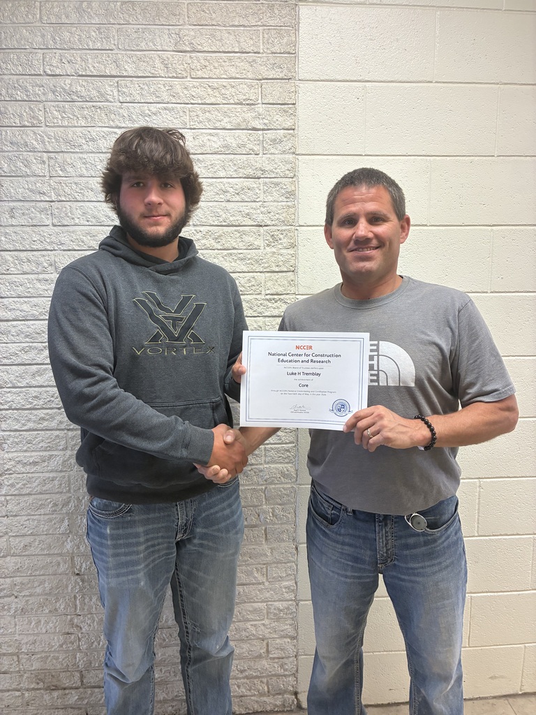 Construction Technology students Will Koppes and Luke Tremblay completed the NCCER Core curriculum! This can benefit them in their CTE schooling or career path. Congrats to both! #Celebrate379