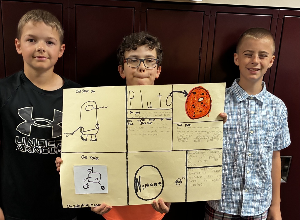 Mr. Walsh's 6th grade science students show off their space mission research project.