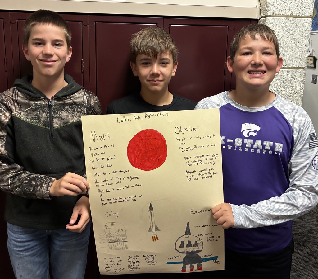 Mr. Walsh's 6th grade science students show off their space mission research project.