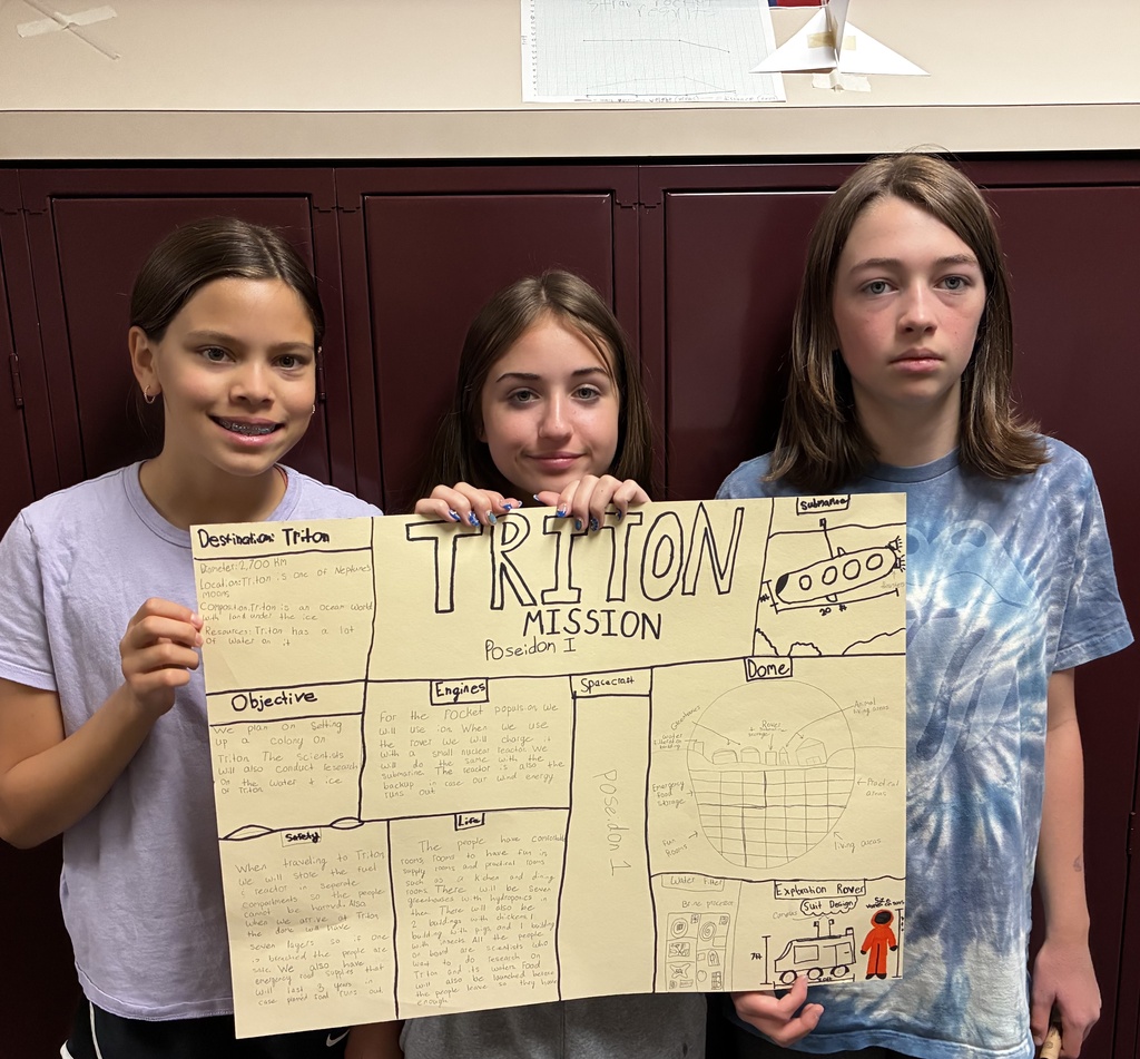 Mr. Walsh's 6th grade science students show off their space mission research project.