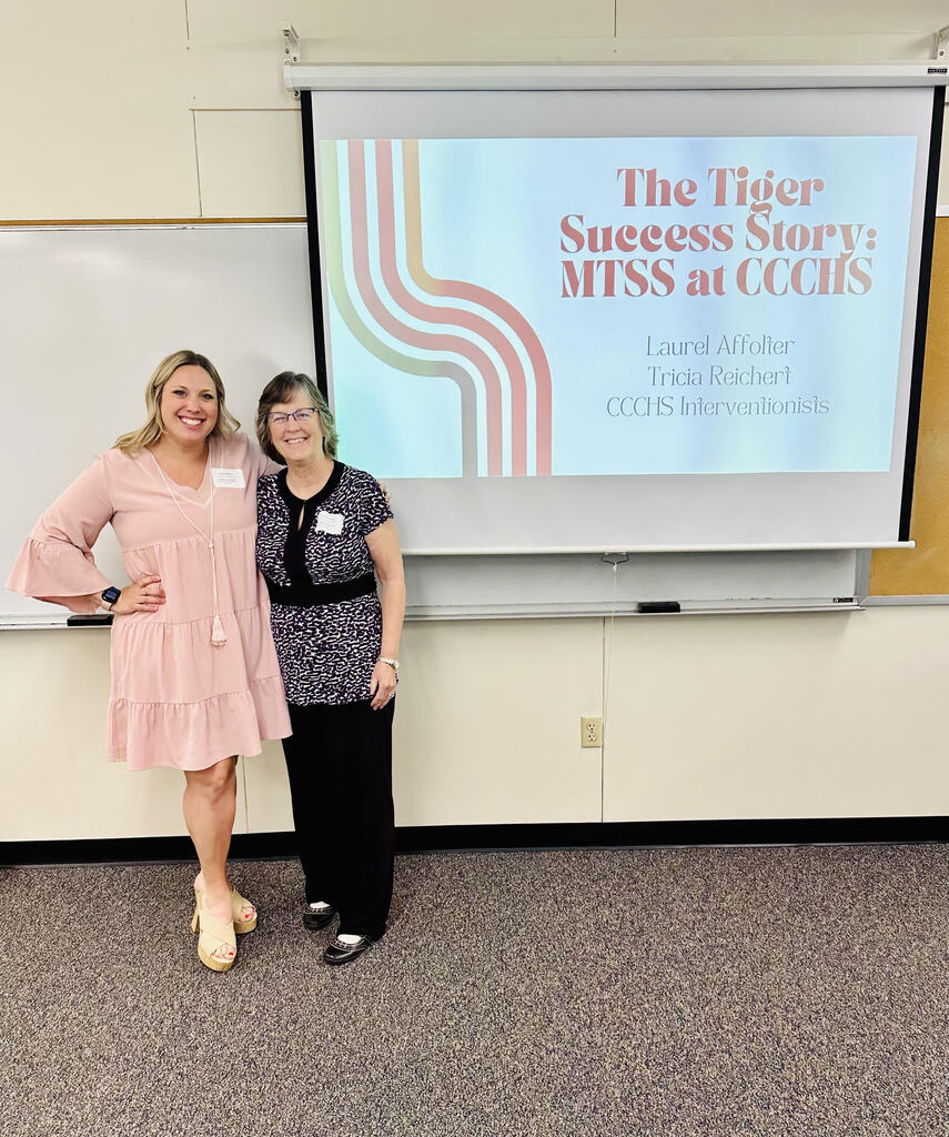 This is a photo of Mrs. Affolter and Mrs. Reichert. Earlier this week, Laurel Affolter and Tricia Reichert presented at the Kansas State Counselors Association Conference about their interventionist roles as Freshman and Sophomore Success Academy Coordinators.  After reviewing data collected over the past 7 years, graduation rates that left some counselors in disbelief, and the way the programs have evolved over time, CCCHS was praised for its successful and innovative model of targeted support at the secondary level! #Celebrate379