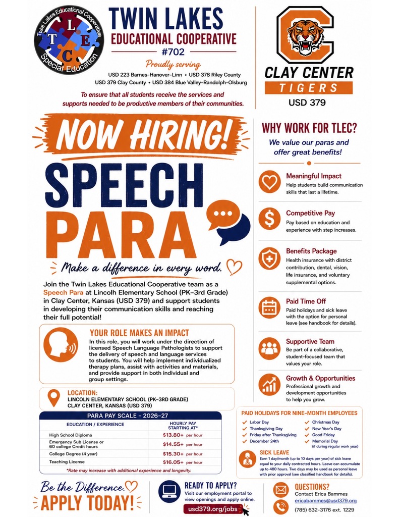 USD 379 is hiring a speech para. Contact Erica Bammes at ericabammes@usd379.org or 785 632-3176