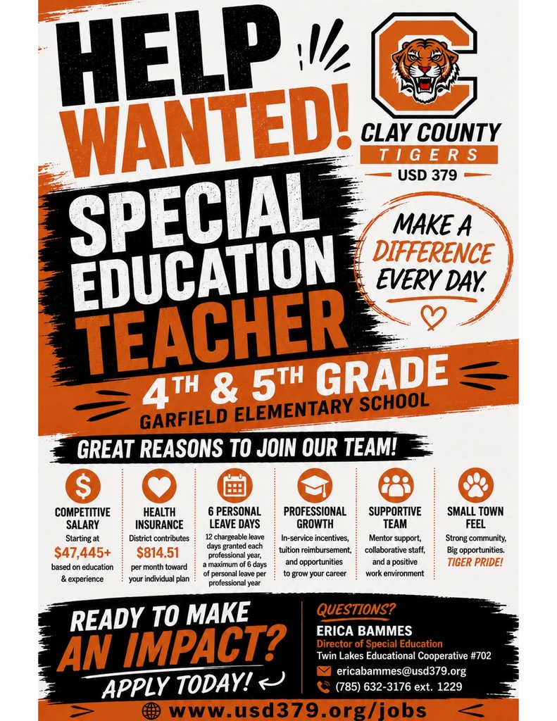 USD 379 is hiring a special education teacher at Garfield Elementary. Contact Erica Bammes at ericabammes@usd379.org or 785 632-3176